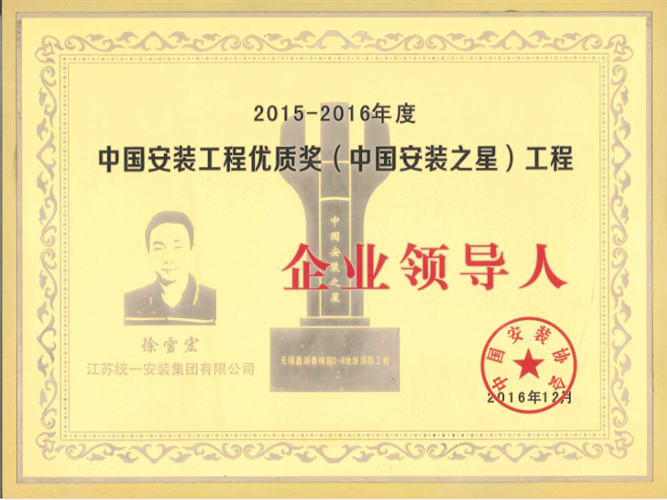 2015-2016年度中國安裝工程優(yōu)質(zhì)獎(jiǎng)（中國安裝之星）工程企業(yè)領(lǐng)導(dǎo)人（2016.12）